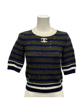 Chanel 3/4 Sleeve Sweater 34 S Dark Navy Khaki White Cashmere